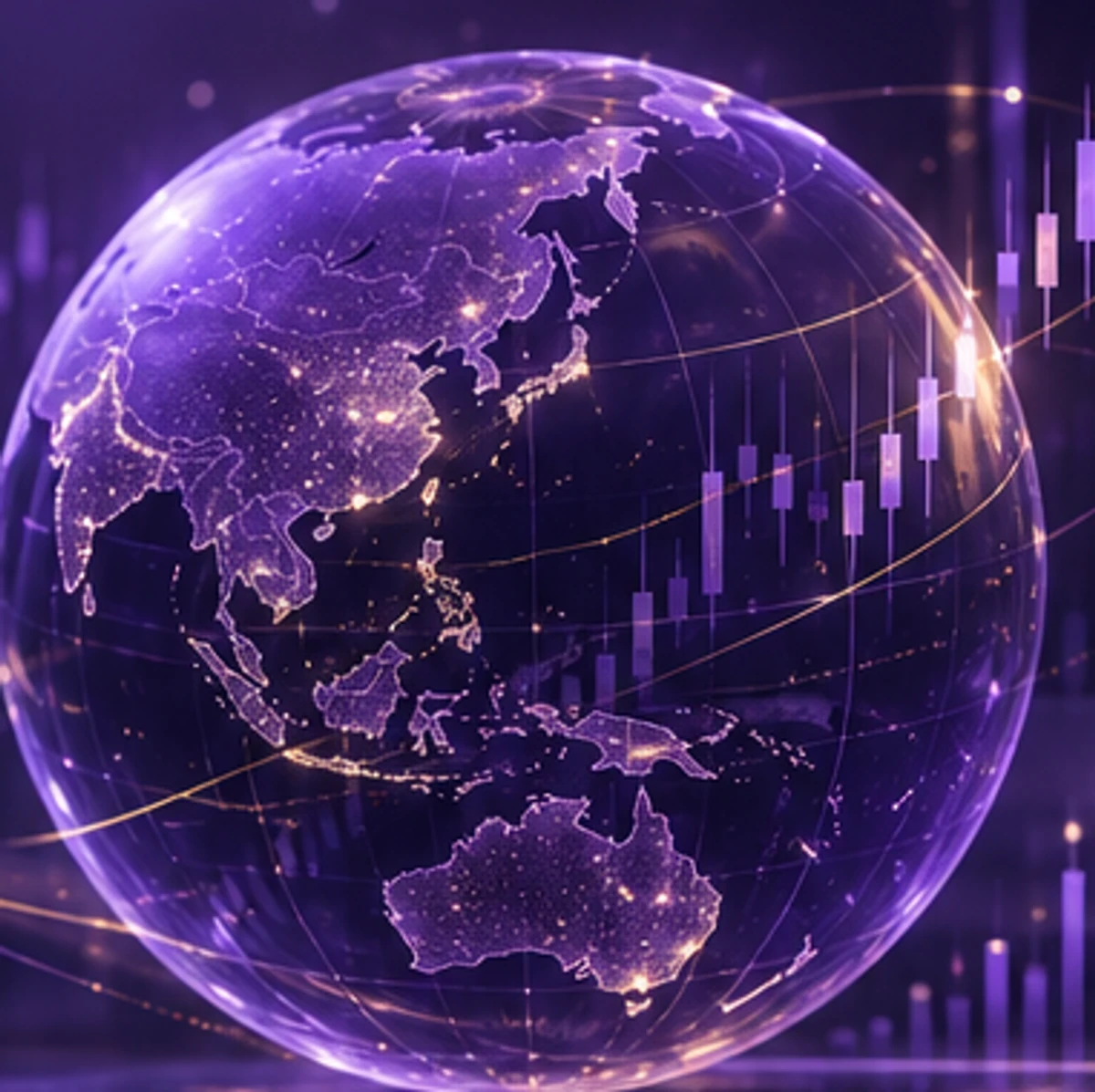 Illuminated globe centered on Asia with rising market candlesticks